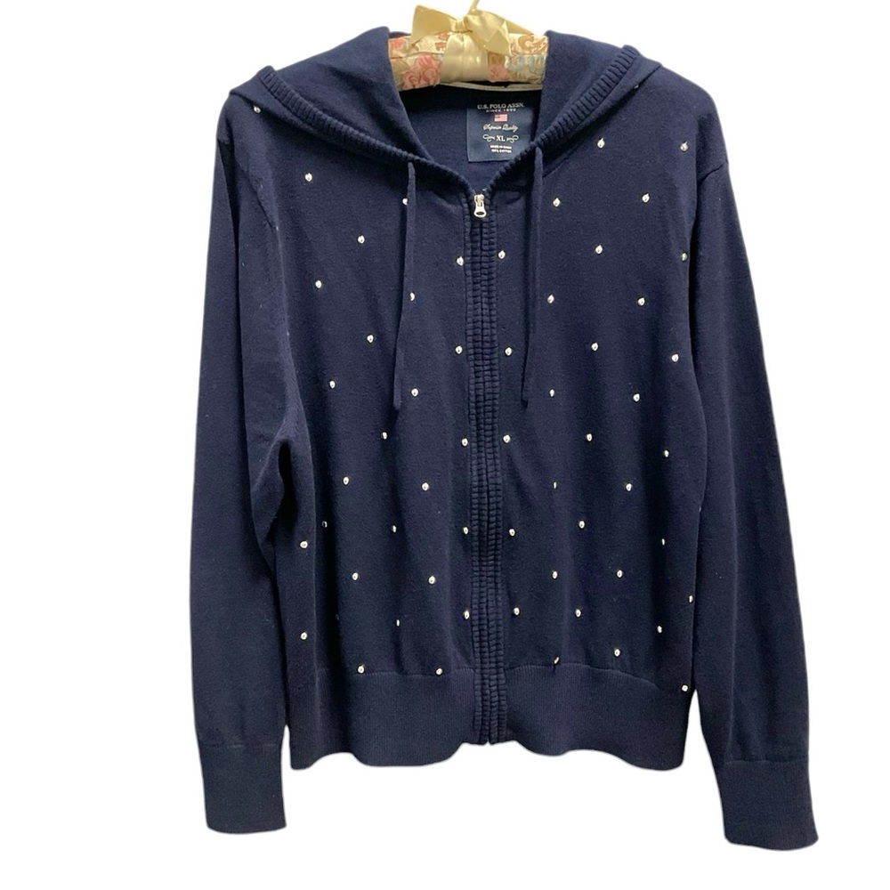 U.S. Polo Assn, Women’s Silver Studded Navy Sweater with Hood, Sz XL